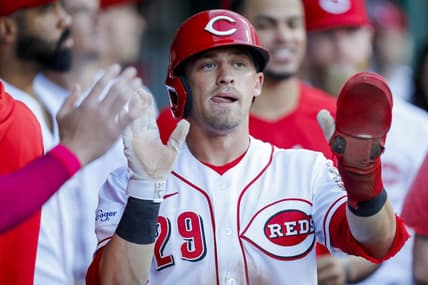 May 9, 2023; Cincinnati, Ohio, USA; Cincinnati Reds center fielder TJ Friedl (29) celebrates with teammates after scoring in the second inning against the New York Mets at Great American Ball Park. Mandatory Credit: Katie Stratman-USA TODAY Sports