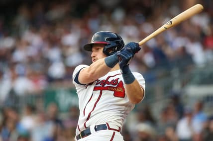 May 9, 2023; Atlanta, Georgia, USA; Atlanta Braves catcher Sean Murphy (12) hits a RBI single against the Boston Red Sox in the second inning at Truist Park. Mandatory Credit: Brett Davis-USA TODAY Sports
