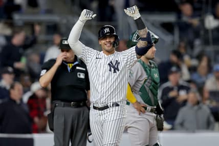 May 9, 2023; Bronx, New York, USA; New York Yankees second baseman Gleyber Torres (25) celebrates his two run home run against the Oakland Athletics during the fifth inning at Yankee Stadium. Mandatory Credit: Brad Penner-USA TODAY Sports