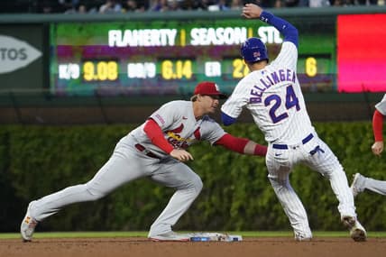 May 9, 2023; Chicago, Illinois, USA; St. Louis Cardinals second baseman Nolan Gorman (16) tags out Chicago Cubs center fielder Cody Bellinger (24) at second base on a steal attempt during the third inning at Wrigley Field. Mandatory Credit: David Banks-USA TODAY Sports