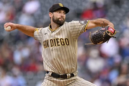 May 9, 2023; Minneapolis, Minnesota, USA;  San Diego Padres pitcher Michael Wacha (52) delivers a pitch against the Minnesota Twins at Target Field. Mandatory Credit: Nick Wosika-USA TODAY Sports
