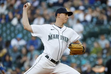 May 9, 2023; Seattle, Washington, USA; Seattle Mariners starting pitcher George Kirby (68) throws against the Texas Rangers during the third inning at T-Mobile Park. Mandatory Credit: Joe Nicholson-USA TODAY Sports