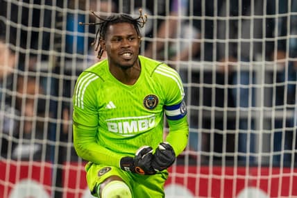 May 9, 2023; Saint Paul, MN, USA; Philadelphia Union goalkeeper Andre Blake (18) reacts after making a penalty kick save against Minnesota United at Allianz Field. Mandatory Credit: Matt Blewett-USA TODAY Sports