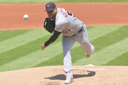 May 10, 2023; Cleveland, Ohio, USA; Detroit Tigers starting pitcher Eduardo Rodriguez (57) throws a pitch during the first inning against the Cleveland Guardians at Progressive Field. Mandatory Credit: Ken Blaze-USA TODAY Sports