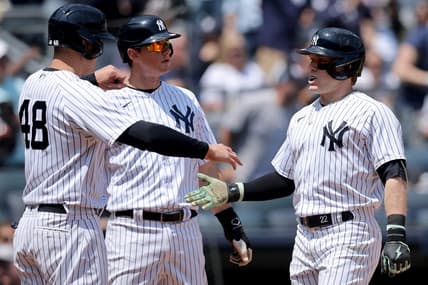 May 10, 2023; Bronx, New York, USA; New York Yankees center fielder Harrison Bader (22) celebrates his three run home run against the Oakland Athletics with first baseman Anthony Rizzo (48) and third baseman DJ LeMahieu (26) during the first inning at Yankee Stadium. Mandatory Credit: Brad Penner-USA TODAY Sports