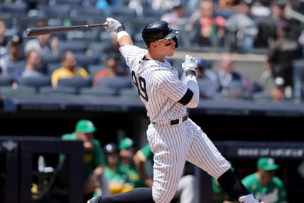 May 10, 2023; Bronx, New York, USA; New York Yankees designated hitter Aaron Judge (99) follows through on a double against the Oakland Athletics during the fifth inning at Yankee Stadium. Mandatory Credit: Brad Penner-USA TODAY Sports