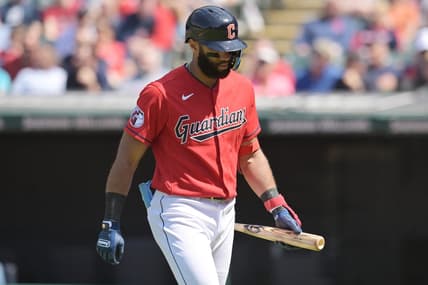May 10, 2023; Cleveland, Ohio, USA; Cleveland Guardians shortstop Amed Rosario (1) walks off the field after striking out during the eighth inning against the Detroit Tigers at Progressive Field. Mandatory Credit: Ken Blaze-USA TODAY Sports