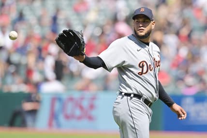 May 10, 2023; Cleveland, Ohio, USA; Detroit Tigers starting pitcher Eduardo Rodriguez (57) receives the ball after a strike out during the seventh inning against the Cleveland Guardians at Progressive Field. Mandatory Credit: Ken Blaze-USA TODAY Sports