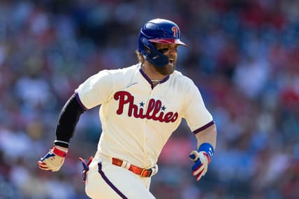 May 10, 2023; Philadelphia, Pennsylvania, USA; Philadelphia Phillies designated hitter Bryce Harper (3) runs the bases after hitting a single during the first inning against the Toronto Blue Jays at Citizens Bank Park. Mandatory Credit: Bill Streicher-USA TODAY Sports