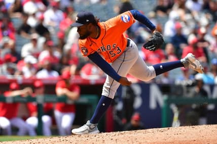 May 10, 2023; Anaheim, California, USA; Houston Astros starting pitcher Cristian Javier (53) throws against the Los Angeles Angels during the fourth inning at Angel Stadium. Mandatory Credit: Gary A. Vasquez-USA TODAY Sports