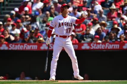 May 10, 2023; Anaheim, California, USA; Los Angeles Angels designated hitter Shohei Ohtani (17) tosses the ball back to the dugout during an at bat against the Houston Astros during the sixth inning at Angel Stadium. Mandatory Credit: Gary A. Vasquez-USA TODAY Sports