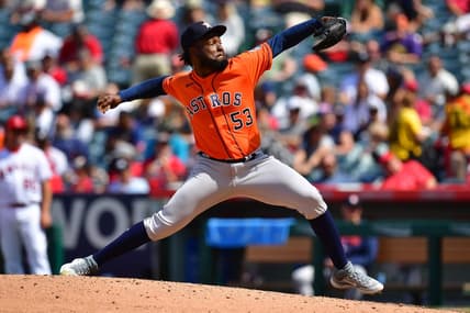 May 10, 2023; Anaheim, California, USA; Houston Astros starting pitcher Cristian Javier (53) throws against the Los Angeles Angels during the sixth inning at Angel Stadium. Mandatory Credit: Gary A. Vasquez-USA TODAY Sports