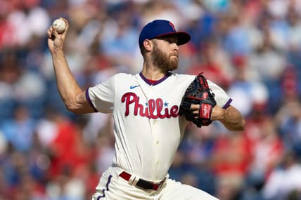 May 10, 2023; Philadelphia, Pennsylvania, USA; Philadelphia Phillies starting pitcher Zack Wheeler (45) throws a pitch during the second inning against the Toronto Blue Jays at Citizens Bank Park. Mandatory Credit: Bill Streicher-USA TODAY Sports