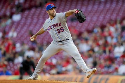 May 10, 2023; Cincinnati, Ohio, USA; New York Mets starting pitcher Justin Verlander (35) pitches against the Cincinnati Reds in the first inning at Great American Ball Park. Mandatory Credit: Katie Stratman-USA TODAY Sports