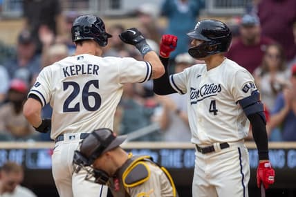 May 10, 2023; Minneapolis, Minnesota, USA; Minnesota Twins right fielder Max Kepler (26) celebrates with shortstop Carlos Correa (4) after hitting a solo home run in the first inning against the San Diego Padres at Target Field. Mandatory Credit: Jesse Johnson-USA TODAY Sports