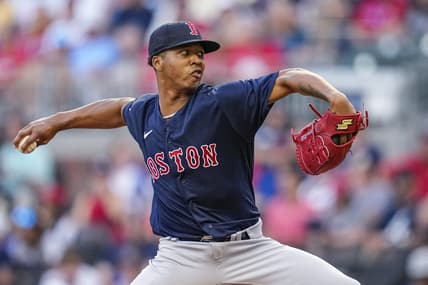 May 10, 2023; Cumberland, Georgia, USA; Boston Red Sox starting pitcher Brayan Bello (66) pitches against the Atlanta Braves during the first inning at Truist Park. Mandatory Credit: Dale Zanine-USA TODAY Sports