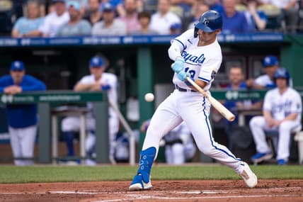 May 10, 2023; Kansas City, Missouri, USA; Kansas City Royals second baseman Michael Massey (19) gets a hit during the first inning against the Chicago White Sox at Kauffman Stadium. Mandatory Credit: William Purnell-USA TODAY Sports