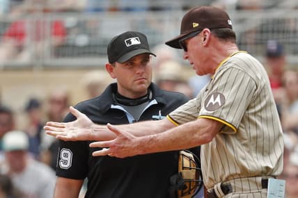 May 11, 2023; Minneapolis, Minnesota, USA; San Diego Padres manager Bob Melvin speaks with home plate umpire Brock Ballou in the eighth inning of the game with the Minnesota Twins at Target Field. Mandatory Credit: Bruce Kluckhohn-USA TODAY Sports