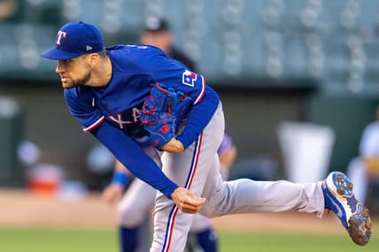 May 11, 2023; Oakland, California, USA;  Texas Rangers starting pitcher Nathan Eovaldi (17) delivers a pitch against the Oakland Athletics during the first inning at Oakland-Alameda County Coliseum. Mandatory Credit: Neville E. Guard-USA TODAY Sports
