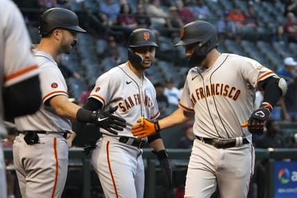 May 11, 2023; Phoenix, Arizona, USA; San Francisco Giants third baseman Casey Schmitt (6) celebrates with teammates after hitting a two-run home run against the Arizona Diamondbacks in the second inning at Chase Field. Mandatory Credit: Rick Scuteri-USA TODAY Sports
