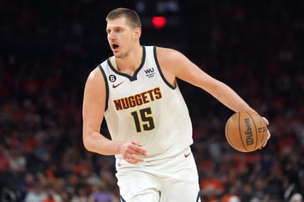 May 11, 2023; Phoenix, Arizona, USA; Denver Nuggets center Nikola Jokic (15) dribbles against the Phoenix Suns during the second half of game six of the 2023 NBA playoffs at Footprint Center. Mandatory Credit: Joe Camporeale-USA TODAY Sports