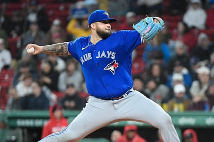 May 3, 2023; Boston, Massachusetts, USA; Toronto Blue Jays starting pitcher Alek Manoah (6) pitches against the Boston Red Sox during the third inning at Fenway Park. Mandatory Credit: Eric Canha-USA TODAY Sports