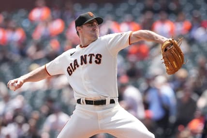 May 7, 2023; San Francisco, California, USA; San Francisco Giants starting pitcher Ross Stripling (48) throws a pitch against the Milwaukee Brewers during the first inning at Oracle Park. Mandatory Credit: Darren Yamashita-USA TODAY Sports