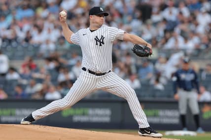 May 12, 2023; Bronx, New York, USA; New York Yankees starting pitcher Gerrit Cole (45) delivers a pitch during the first inning against the Tampa Bay Rays at Yankee Stadium. Mandatory Credit: Vincent Carchietta-USA TODAY Sports