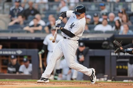 May 12, 2023; Bronx, New York, USA; New York Yankees first baseman Anthony Rizzo (48) hits a solo home run during the first inning against the Tampa Bay Rays at Yankee Stadium. Mandatory Credit: Vincent Carchietta-USA TODAY Sports