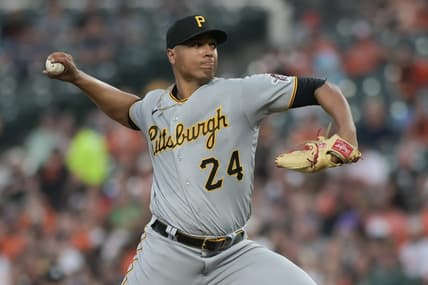 May 12, 2023; Baltimore, Maryland, USA;  Pittsburgh Pirates starting pitcher Johan Oviedo (24) throws a third inning pitch against the Baltimore Orioles at Oriole Park at Camden Yards. Mandatory Credit: Tommy Gilligan-USA TODAY Sports