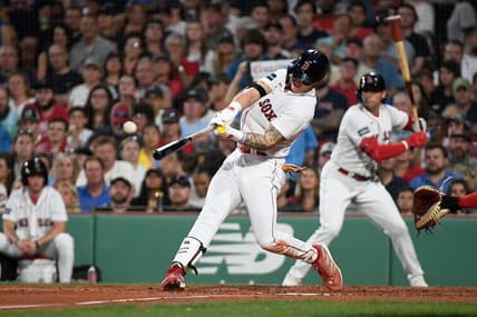 May 12, 2023; Boston, Massachusetts, USA; Boston Red Sox center fielder Jarren Duran (16) hits a two-RBI single during the fourth inning against the St. Louis Cardinals at Fenway Park. Mandatory Credit: Eric Canha-USA TODAY Sports