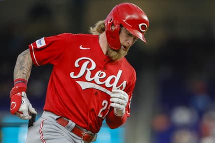 May 12, 2023; Miami, Florida, USA; Cincinnati Reds left fielder Jake Fraley (27) circles the bases after hitting a home run against the Miami Marlins during the fifth inning at loanDepot Park. Mandatory Credit: Sam Navarro-USA TODAY Sports