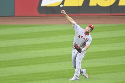 May 12, 2023; Cleveland, Ohio, USA; Los Angeles Angels center fielder Mike Trout (27) throws the ball to the infield in the second inning against the Cleveland Guardians at Progressive Field. Mandatory Credit: David Richard-USA TODAY Sports