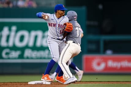 May 12, 2023; Washington, District of Columbia, USA; New York Mets shortstop Francisco Lindor (12) retires Washington Nationals center fielder Alex Call (17) while turning a double play during the second inning at Nationals Park. Mandatory Credit: Scott Taetsch-USA TODAY Sports