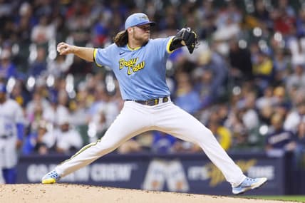 May 12, 2023; Milwaukee, Wisconsin, USA;  Milwaukee Brewers pitcher Corbin Burnes (39) throws a pitch during the second inning against the Kansas City Royals at American Family Field. Mandatory Credit: Jeff Hanisch-USA TODAY Sports