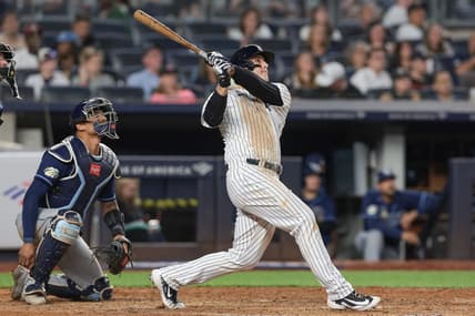 May 12, 2023; Bronx, New York, USA; New York Yankees first baseman Anthony Rizzo (48) looks up at his two run home run during the eighth inning against the Tampa Bay Rays at Yankee Stadium. Mandatory Credit: Vincent Carchietta-USA TODAY Sports