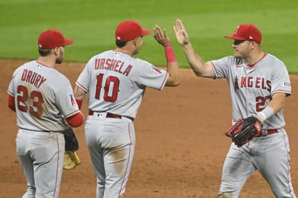 May 12, 2023; Cleveland, Ohio, USA; The Los Angeles Angels celebrate a win over the Cleveland Guardians at Progressive Field. Mandatory Credit: David Richard-USA TODAY Sports