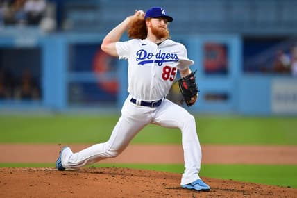 May 12, 2023; Los Angeles, California, USA; Los Angeles Dodgers starting pitcher Dustin May (85) throws against the San Diego Padres during the second inning at Dodger Stadium. Mandatory Credit: Gary A. Vasquez-USA TODAY Sports