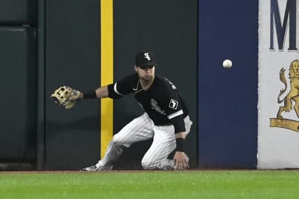 May 12, 2023; Chicago, Illinois, USA;  Chicago White Sox left fielder Andrew Benintendi (23) can t make the play on the ball hit by Houston Astros right fielder Kyle Tucker (30) during the fifth inning at Guaranteed Rate Field. Mandatory Credit: Matt Marton-USA TODAY Sports