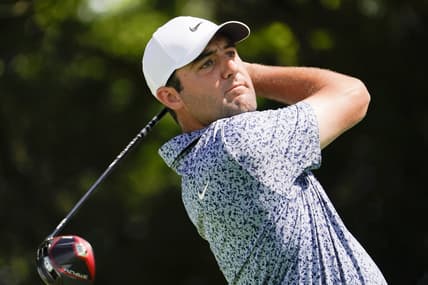 May 13, 2023; McKinney, Texas, USA; Scottie Scheffler plays his shot from the second tee during the third round of the AT&T Byron Nelson golf tournament. Mandatory Credit: Raymond Carlin III-USA TODAY Sports