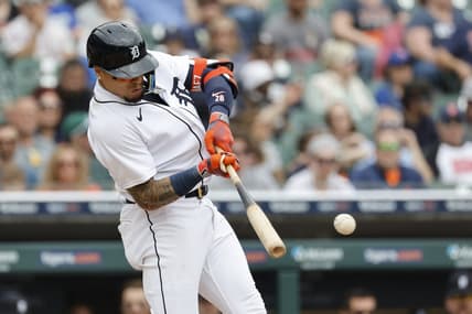 May 13, 2023; Detroit, Michigan, USA;  Detroit Tigers shortstop Javier Baez (28) hits a single in the seventh inning against the Seattle Mariners at Comerica Park. Mandatory Credit: Rick Osentoski-USA TODAY Sports