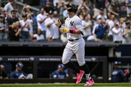 May 13, 2023; Bronx, New York, USA; New York Yankees center fielder Aaron Judge (99) celebrates after hitting a two run-home run against the Tampa Bay Rays during the fifth inning at Yankee Stadium. Mandatory Credit: John Jones-USA TODAY Sports