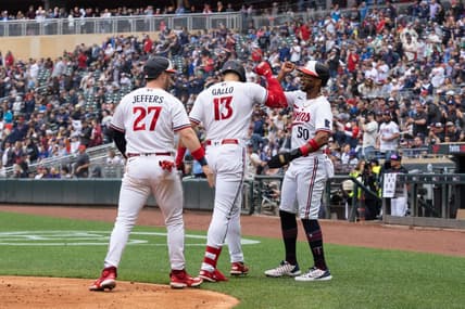 May 13, 2023; Minneapolis, Minnesota, USA; Minnesota Twins first baseman Joey Gallo (13) celebrates with catcher Ryan Jeffers (27) and left fielder Willi Castro (50) after hitting a three-run home run during the third inning against the Chicago Cubs at Target Field. Mandatory Credit: Jordan Johnson-USA TODAY Sports