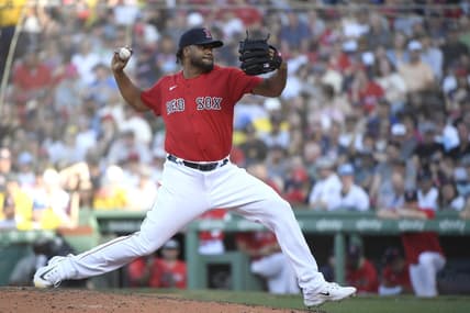 May 13, 2023; Boston, Massachusetts, USA; Boston Red Sox relief pitcher Kenley Jansen (74) pitches during the ninth inning against the St. Louis Cardinals at Fenway Park. Mandatory Credit: Bob DeChiara-USA TODAY Sports