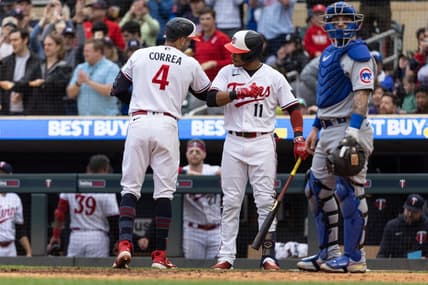 May 13, 2023; Minneapolis, Minnesota, USA; Minnesota Twins shortstop Carlos Correa (4) celebrates with second baseman Jorge Polanco (11) after hitting a solo home run during the seventh inning against the Chicago Cubs at Target Field. Mandatory Credit: Jordan Johnson-USA TODAY Sports