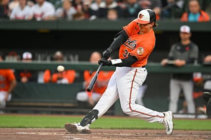 May 13, 2023; Baltimore, Maryland, USA; Baltimore Orioles catcher Adley Rutschman (35) hits a home run in the first inning against the Pittsburgh Pirates at Oriole Park at Camden Yards. Mandatory Credit: Reggie Hildred-USA TODAY Sports