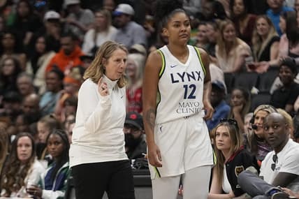 May 13, 2023; Toronto, Ontario, Canada; Minnesota Lynx head coach Cheryl Reeve talks to forward Damiris Dantas (12) during a timeout against the Chicago Sky during the first half at Scotiabank Arena. Mandatory Credit: John E. Sokolowski-USA TODAY Sports