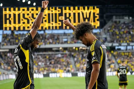 May 13, 2023; Columbus, Ohio, USA;  Columbus Crew forward Jacen Russell-Rowe (19) celebrates a goal with defender Steven Moreira (31) during the first half of the MLS soccer game between Columbus Crew and Orlando City at Lower.com Field.