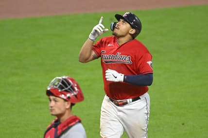 May 13, 2023; Cleveland, Ohio, USA; Cleveland Guardians first baseman Josh Naylor (22) celebrates his three-run home run in the eighth inning against the Los Angeles Angels at Progressive Field. Mandatory Credit: David Richard-USA TODAY Sports