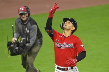May 13, 2023; Cleveland, Ohio, USA; Cleveland Guardians second baseman Andres Gimenez (0) celebrates his solo home run in the eighth inning against the Los Angeles Angels at Progressive Field. Mandatory Credit: David Richard-USA TODAY Sports